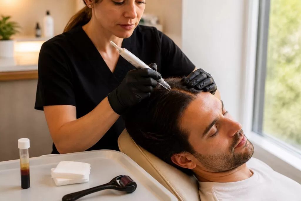 In-clinic scalp microneedling with growth factors at medical-grade depth